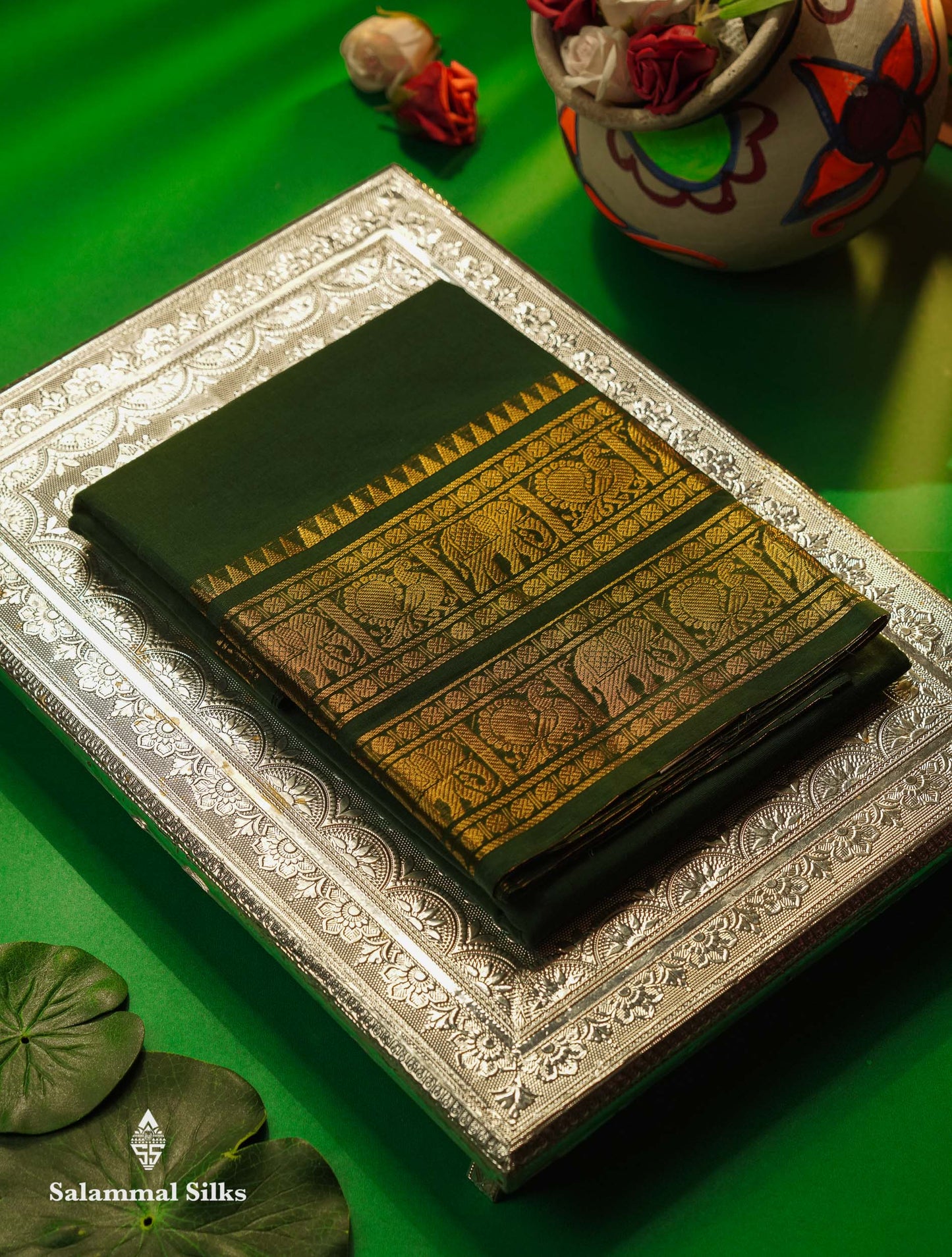 Beautiful Bottle Green Plain Pure Chettinad Cotton Saree With Self Traditional Evening Morning Border
