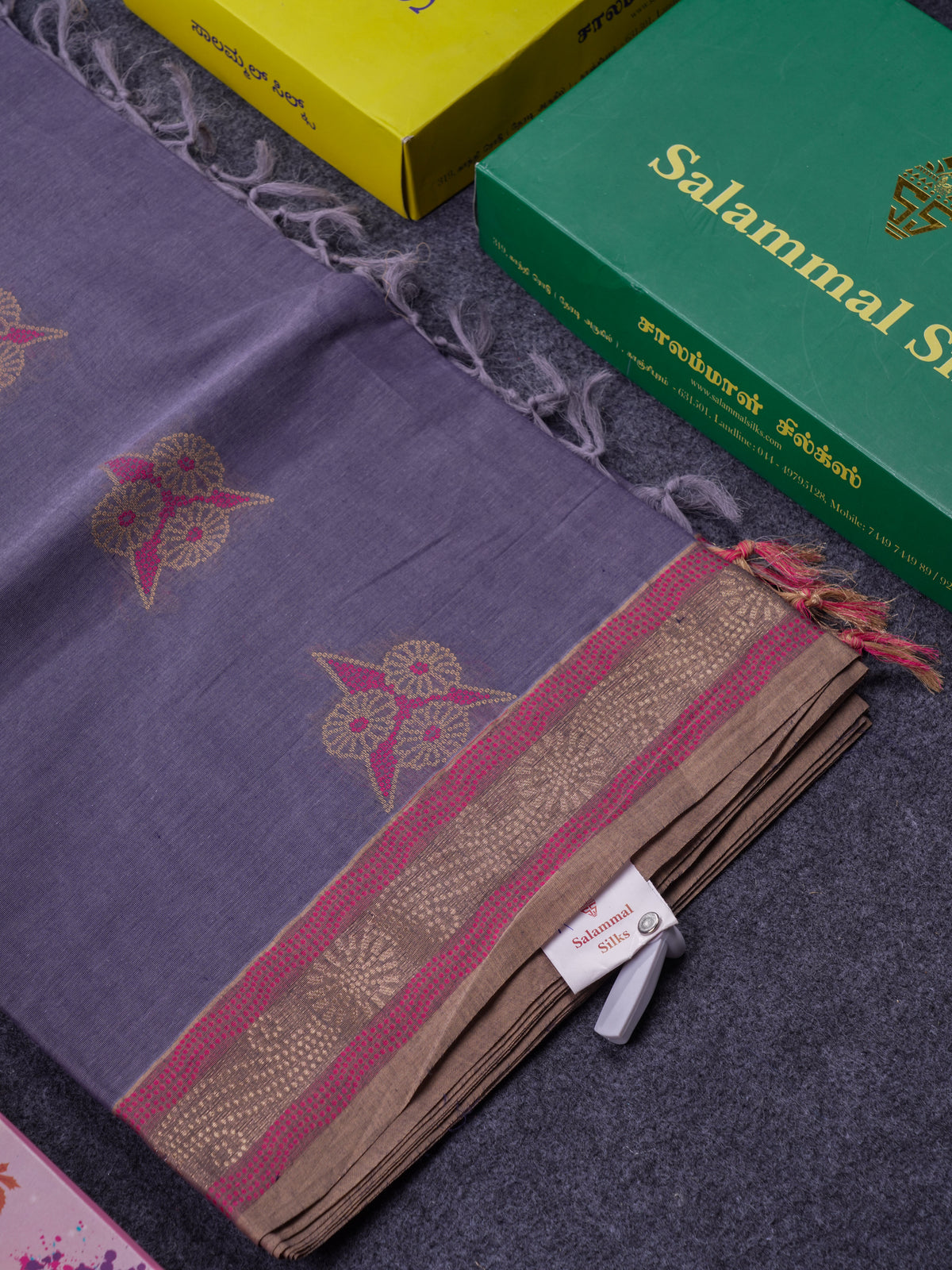 Beautiful Grey Thread Work Buttas Pure Cotton Saree With Contrast Beige Border