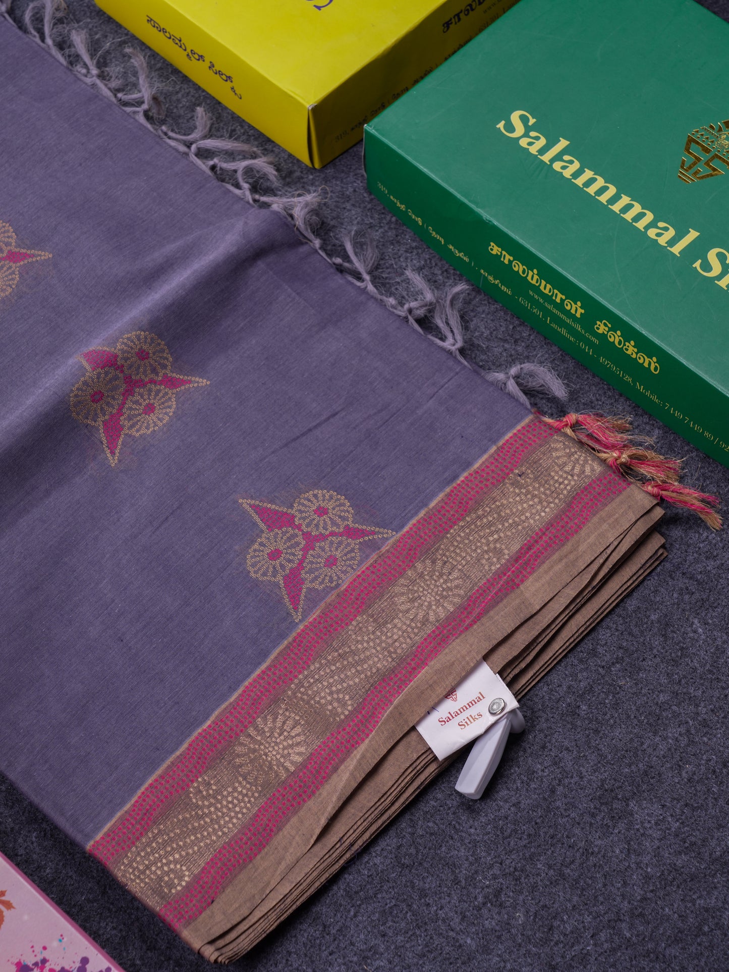 Beautiful Grey Thread Work Buttas Pure Cotton Saree With Contrast Beige Border