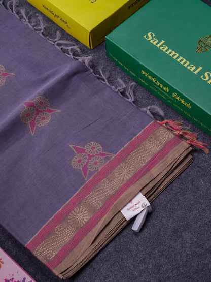 Beautiful Grey Thread Work Buttas Pure Cotton Saree With Contrast Beige Border