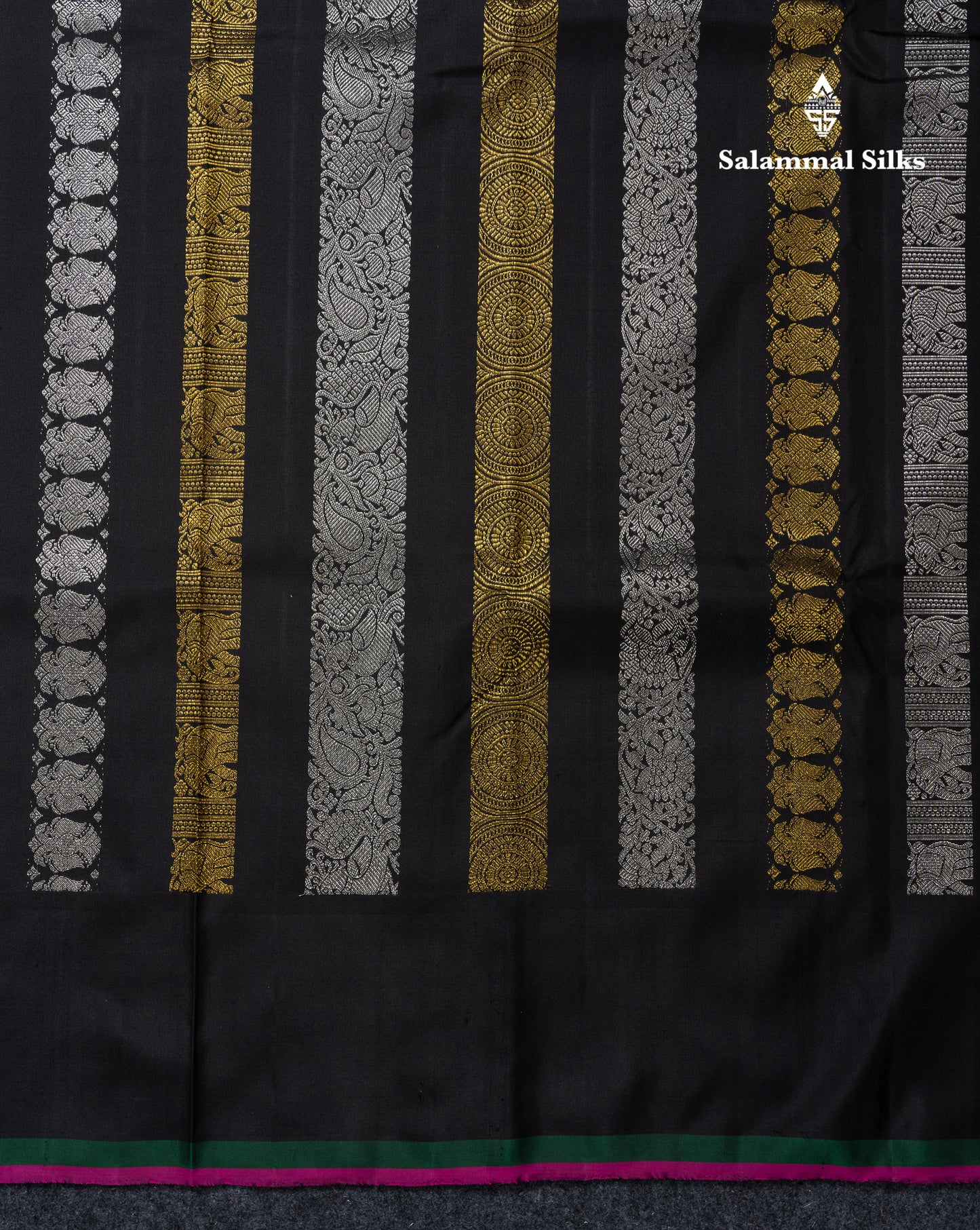 Beautiful Black Silver & Gold Zari Traditional Lines Butta Pure Kanjivaram Silk Saree With Blouse