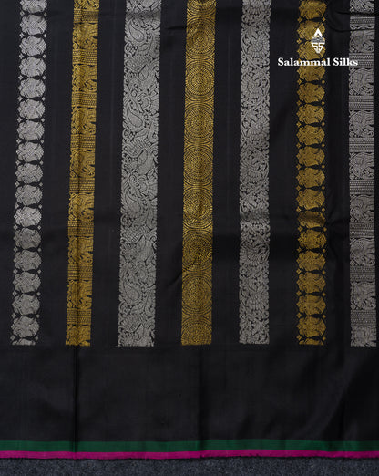 Beautiful Black Silver & Gold Zari Traditional Lines Butta Pure Kanjivaram Silk Saree With Blouse