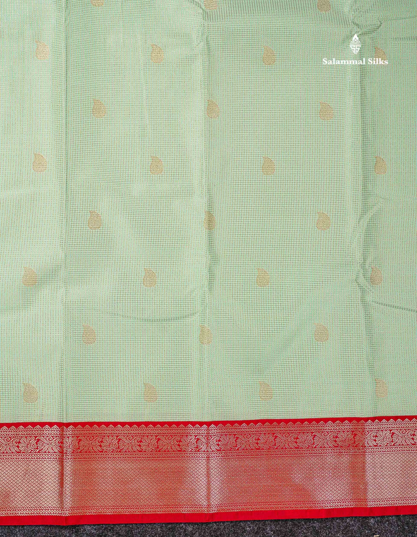 Semi Silk Saree - Light Pista Green Butta With Tiny Vaira Oosi Checks Along With Contrast Red Traditional Border