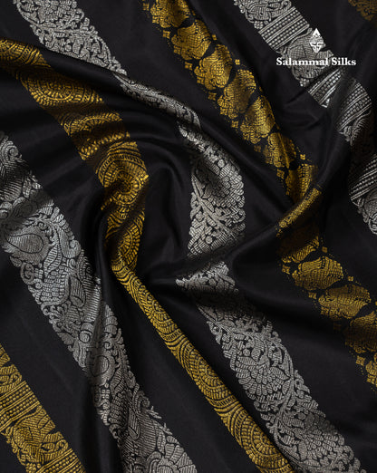 Beautiful Black Silver & Gold Zari Traditional Lines Butta Pure Kanjivaram Silk Saree With Blouse
