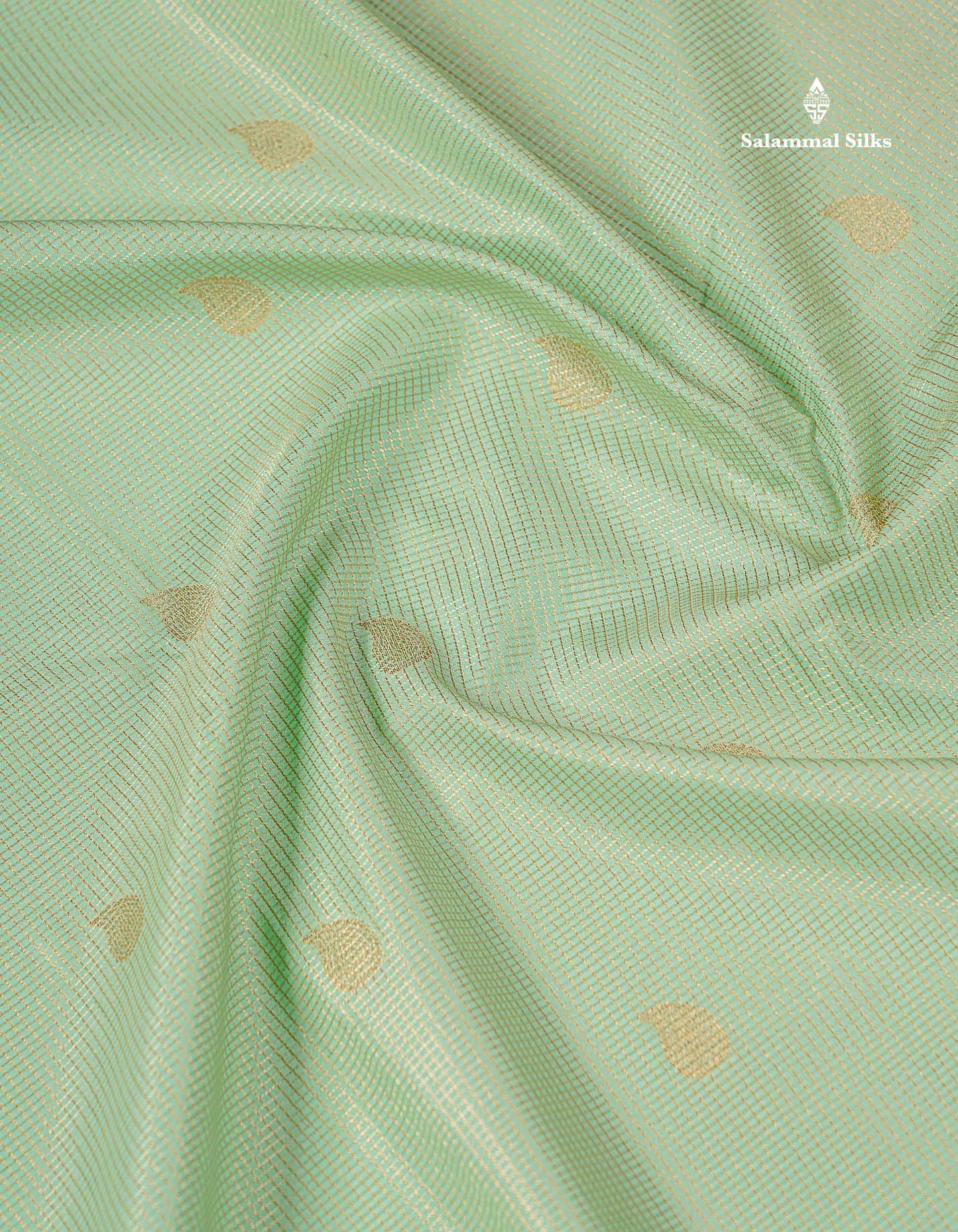 Semi Silk Saree - Light Pista Green Butta With Tiny Vaira Oosi Checks Along With Contrast Red Traditional Border
