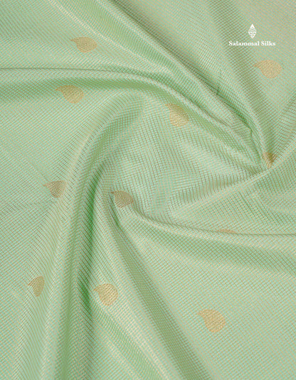 Semi Silk Saree - Light Pista Green Butta With Tiny Vaira Oosi Checks Along With Contrast Red Traditional Border