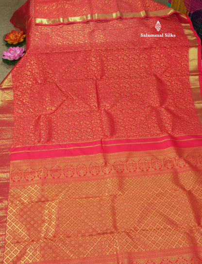 Reddish Pink Pure Kanjivaram Silk Saree 3G Zari with Traditional Gold Zari Border