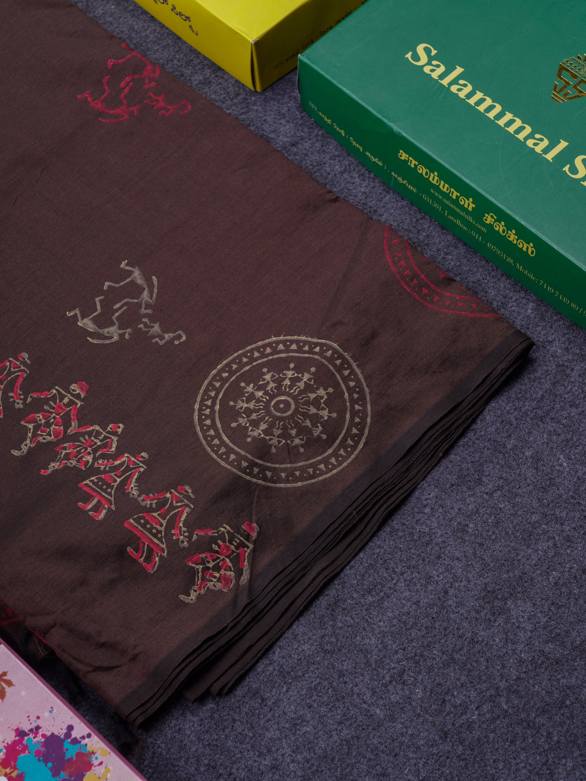 Beautiful Brown South Cotton Printed Saree With Contrast Dark Sandal Blouse