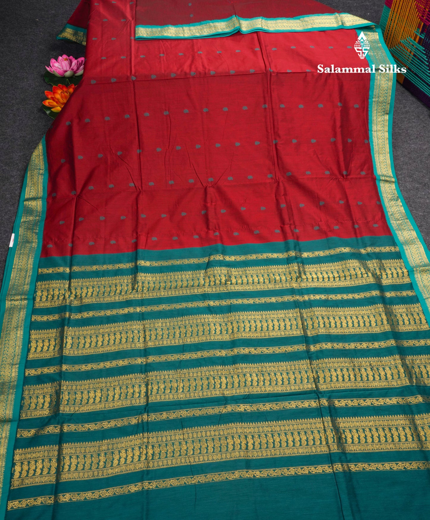 Reddish Maroon Kalyani Cotton Saree With Contrast Peacock Green Border