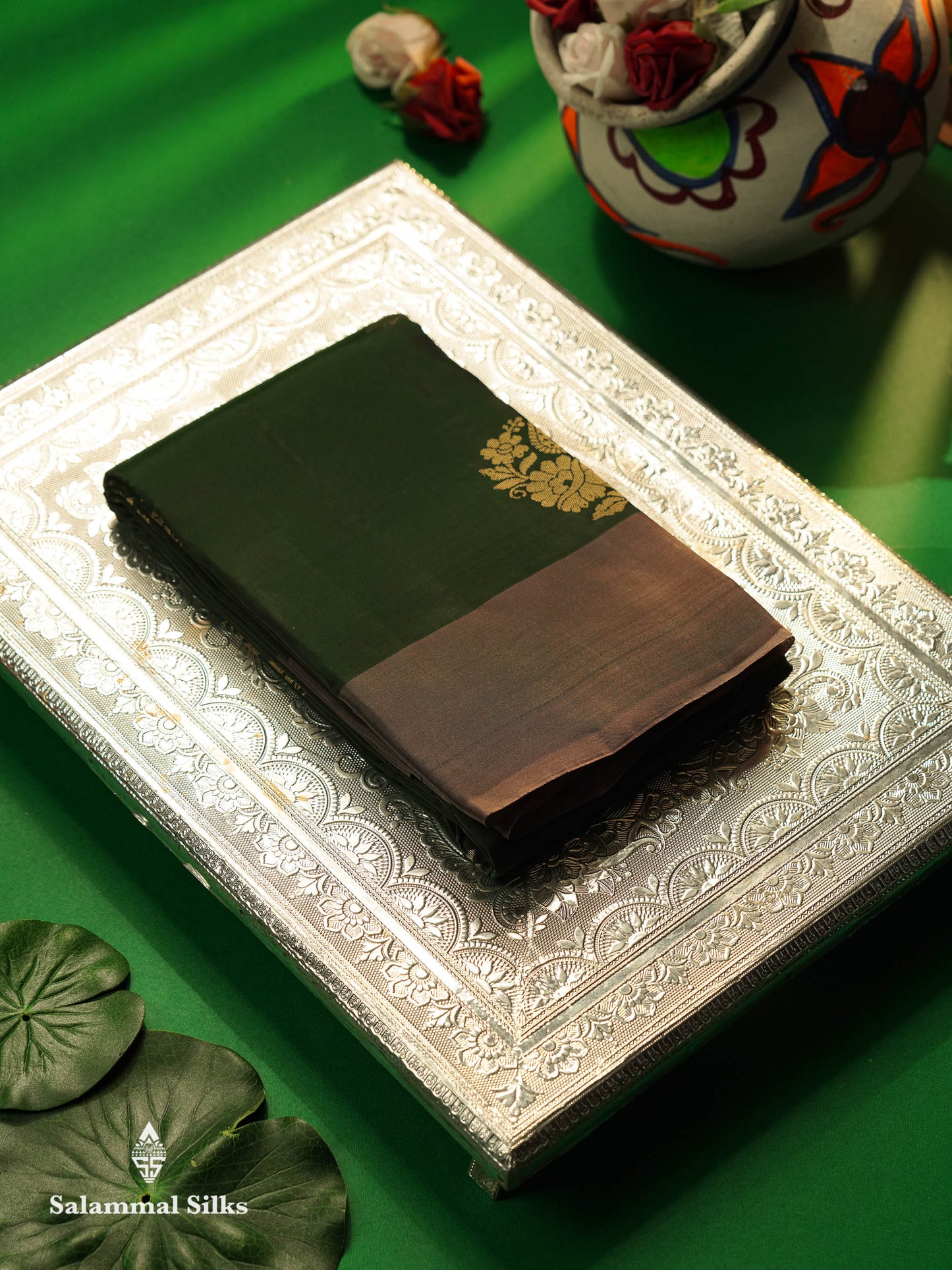 Beautiful Bottle Green PureMix Kanjivaram Soft Silk Saree With Contrast Light Chocolate Border