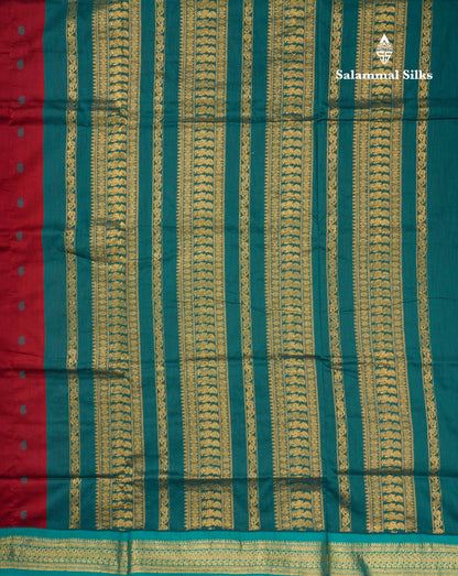 Reddish Maroon Kalyani Cotton Saree With Contrast Peacock Green Border