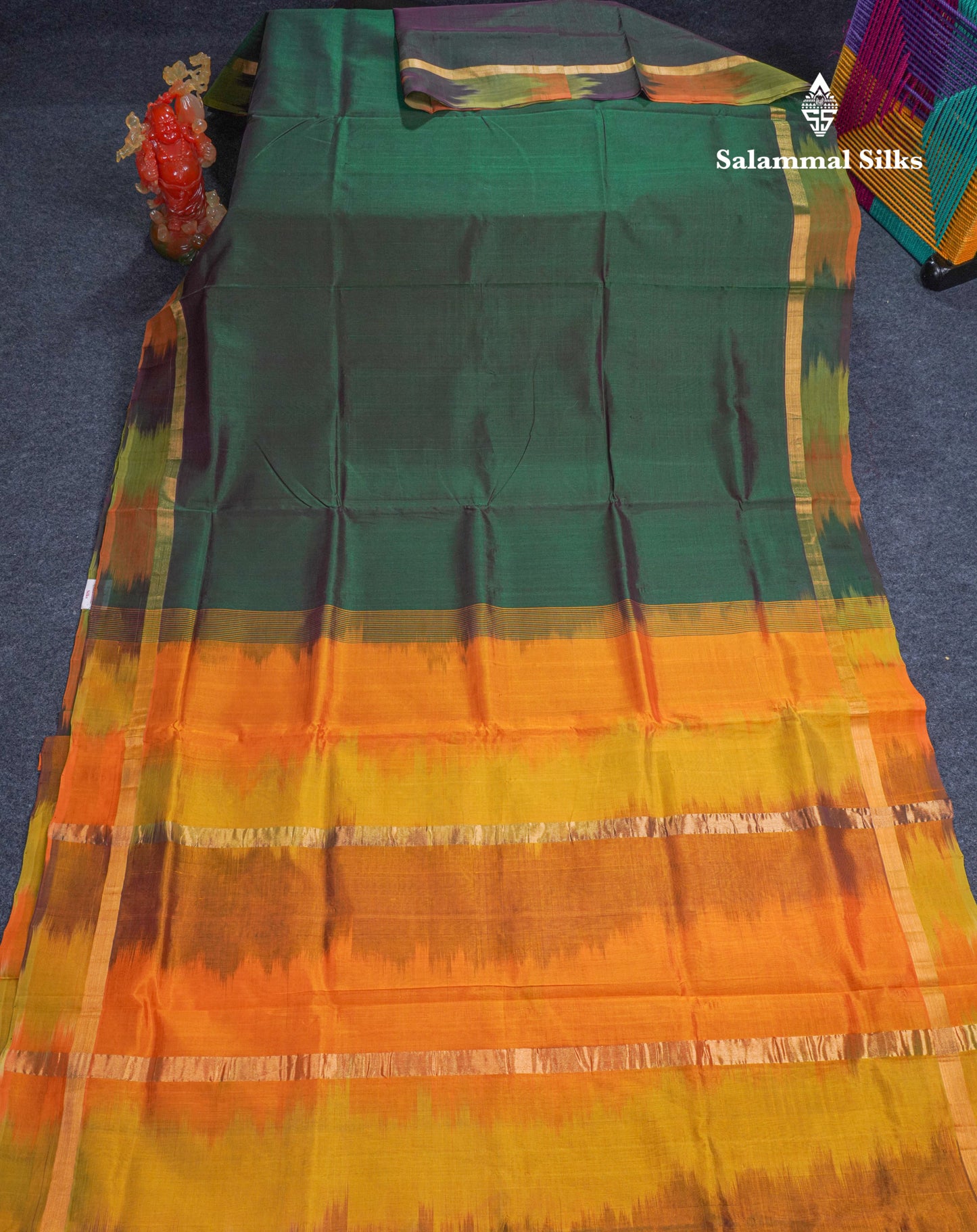 Bottle Green Plain Pure Silk Cotton Saree With Contrast Mustard Yellow Blouse