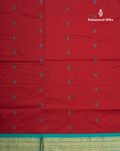 Reddish Maroon Kalyani Cotton Saree With Contrast Peacock Green Border