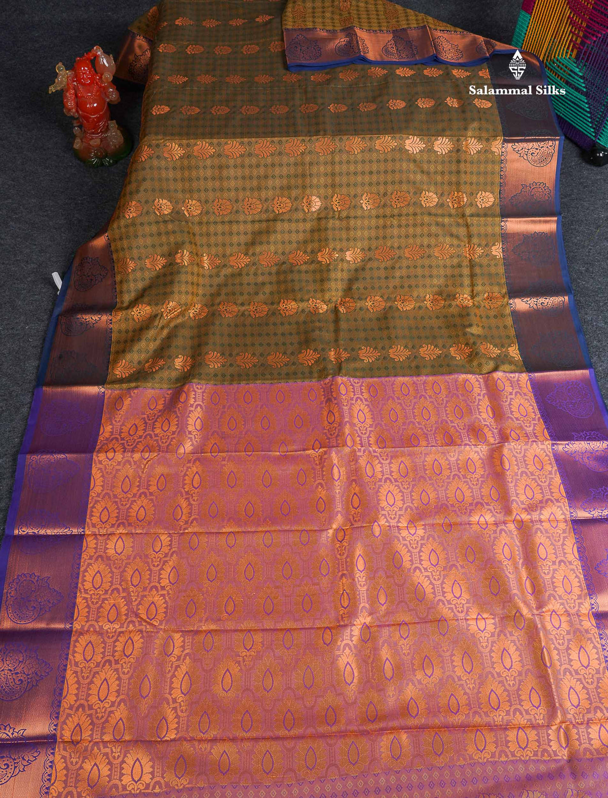 Semi Silk Saree - Olive Green Colour Body With Contrast Purple Blouse 