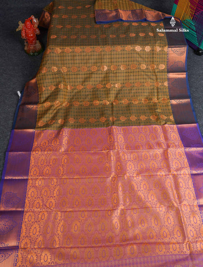 Semi Silk Saree - Olive Green Colour Body With Contrast Purple Blouse 