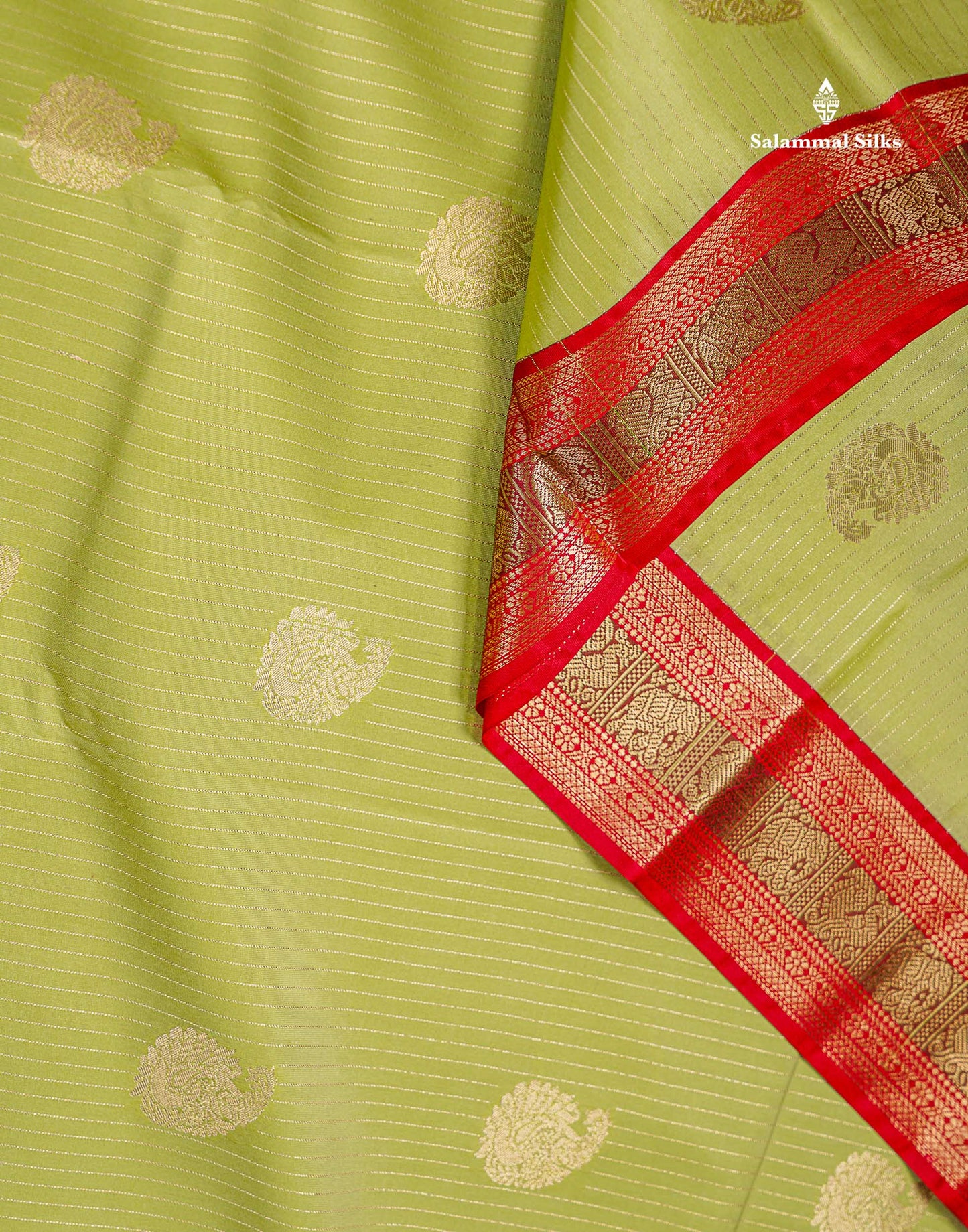 Semi Silk Saree -  Pista Green Zari Lines Butta With Contrast Redish Pink Traditional Evening Morning Border