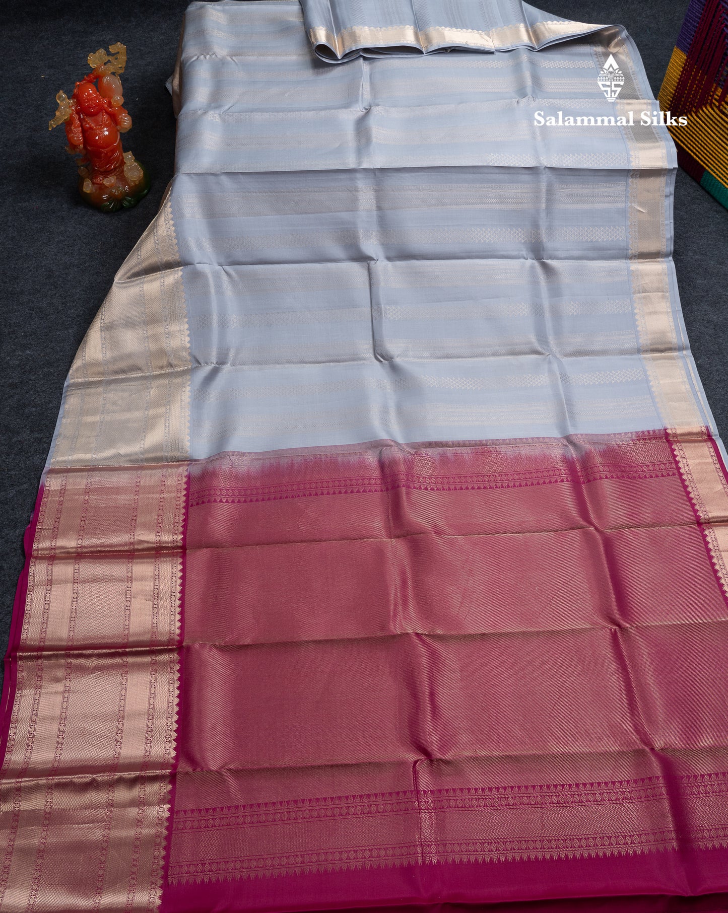 Beautiful Blueish Grey Pure Kanjivaram Silk Saree With Traditional Evening Morning Border