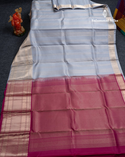 Beautiful Blueish Grey Pure Kanjivaram Silk Saree With Traditional Evening Morning Border