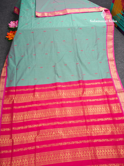 Dual Tone Green Kalyani Cotton Saree With Contrast Magenta Pink Border