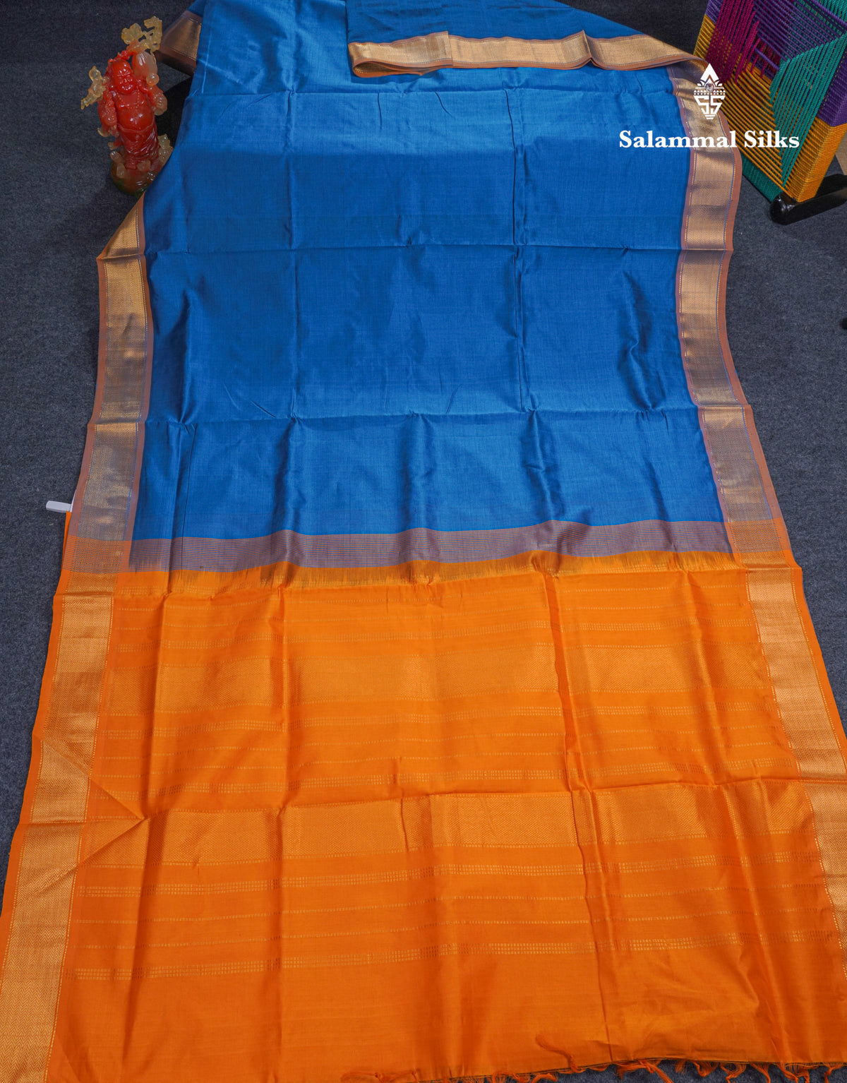 Blue Plain Semi Silk Cotton Saree With Contrast Mango Yellow Blouse