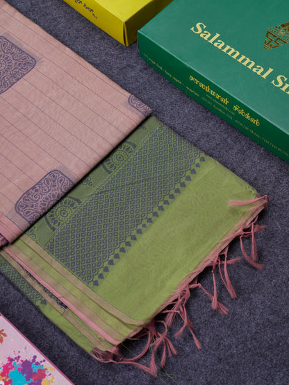 Beautiful Light Peach Fancy Kora Cotton Saree With Contrast Parrot Green Blouse