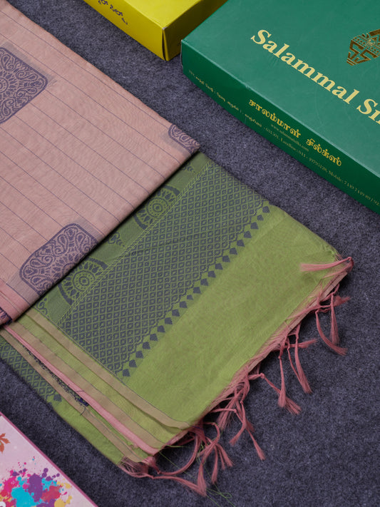 Beautiful Light Peach Fancy Kora Cotton Saree With Contrast Parrot Green Blouse