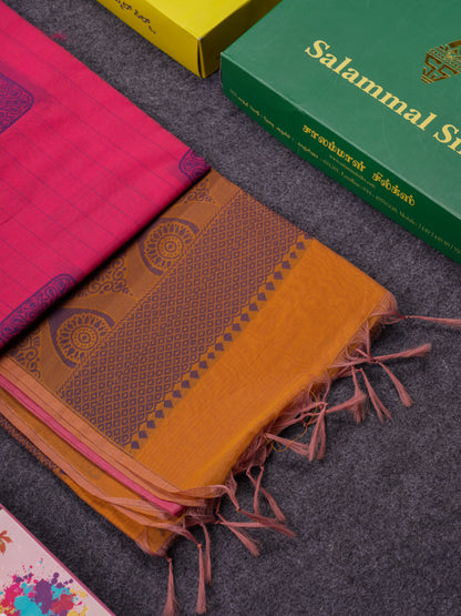 Beautiful Light Peach Fancy Kora Cotton Saree With Contrast Parrot Green Blouse