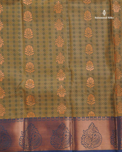 Semi Silk Saree - Olive Green Colour Body With Contrast Light Purple Blouse