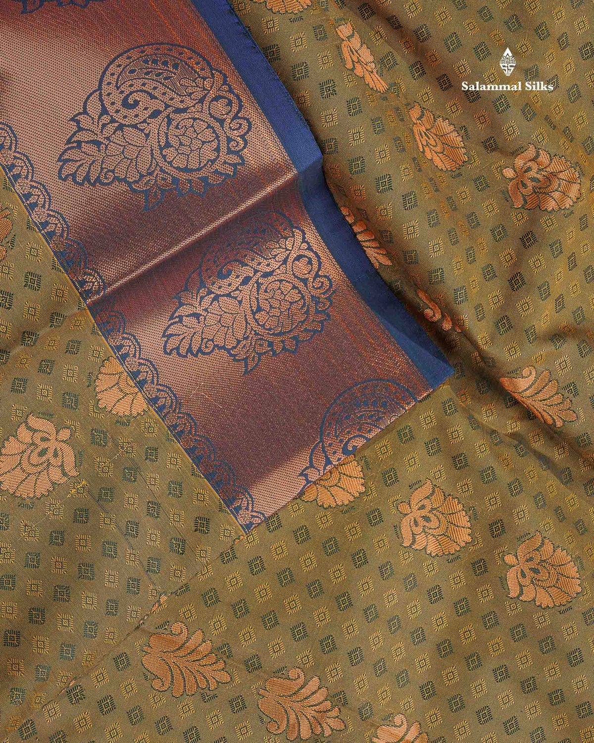 Semi Silk Saree - Olive Green Colour Body With Contrast Light Purple Blouse