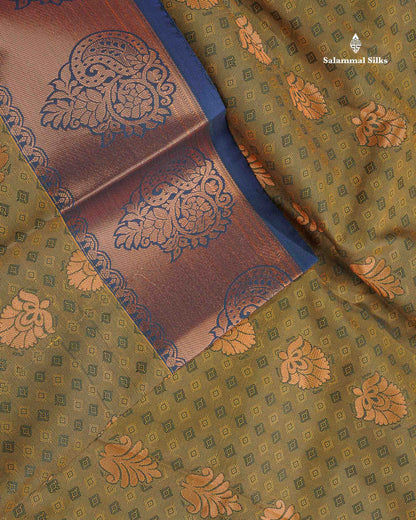 Semi Silk Saree - Olive Green Colour Body With Contrast Light Purple Blouse