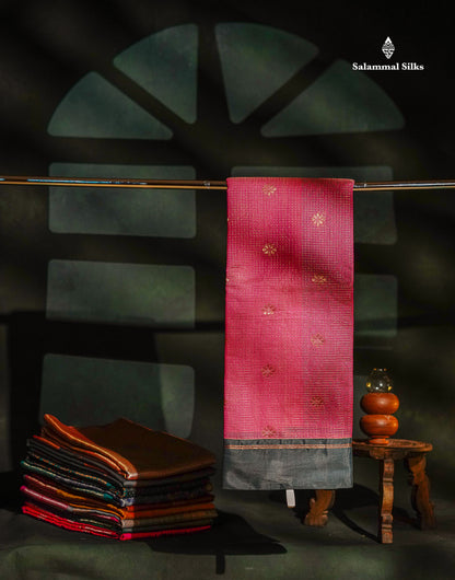 Beautiful Pinkish Peach Small Zari Checks With Butta Kota Cotton Saree With Contrast Grey Border