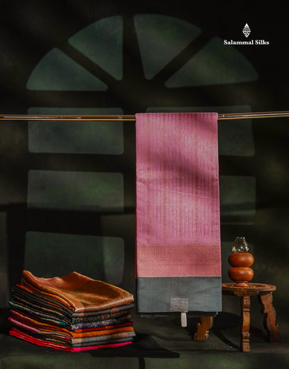 Beautiful Light Pink Zari Lines Kota Cotton Saree With Contrast Grey Plain Border