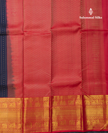 Beautiful Navy Blue Pure Kanjivaram Silk Saree With Contrast Redish Pink Traditional Evening Morning Border