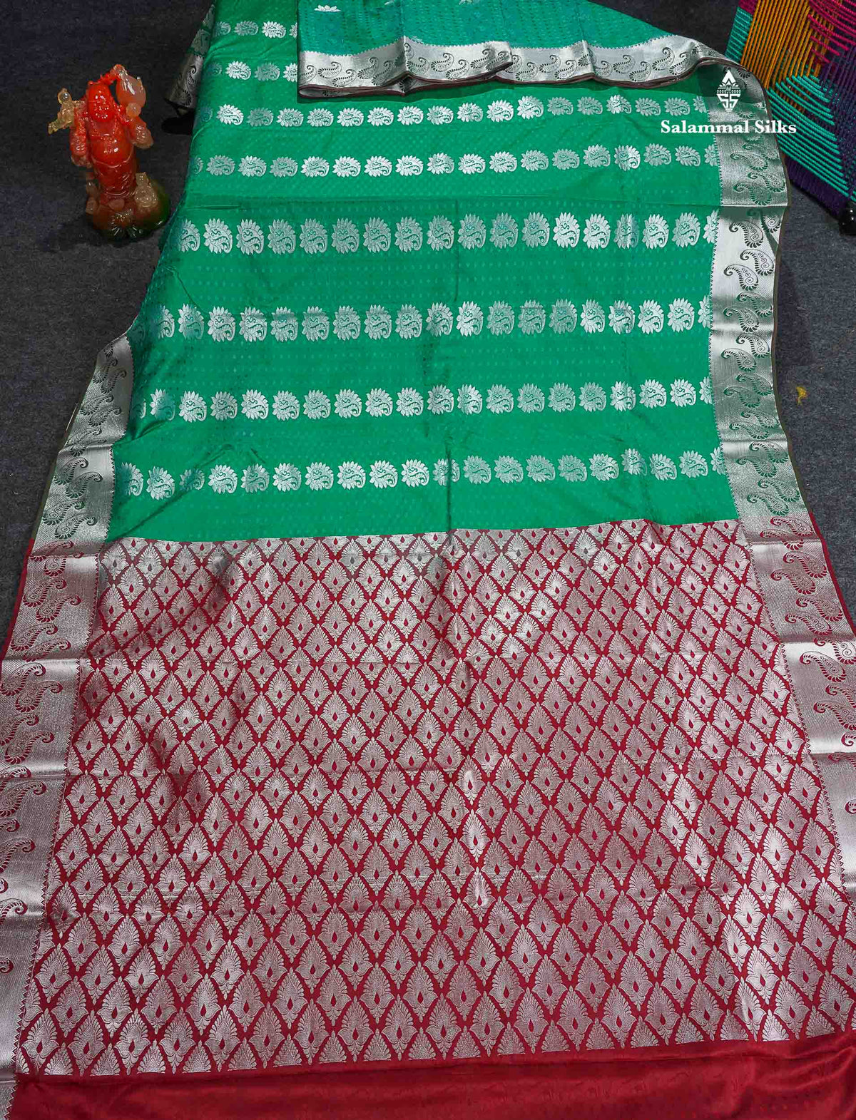 Semi Silk Saree - Sapphire Green Colour Body With Contrast Maroon Blouse 