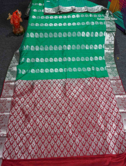 Semi Silk Saree - Sapphire Green Colour Body With Contrast Maroon Blouse 