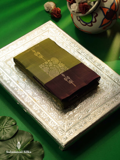 Beautiful Mehandi Green PureMix Kanjivaram Soft Silk Saree With Contrast Violet Border