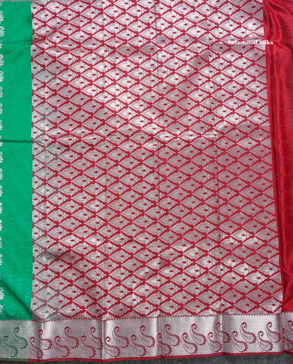 Semi Silk Saree - Sapphire Green Colour Body With Contrast Maroon Blouse