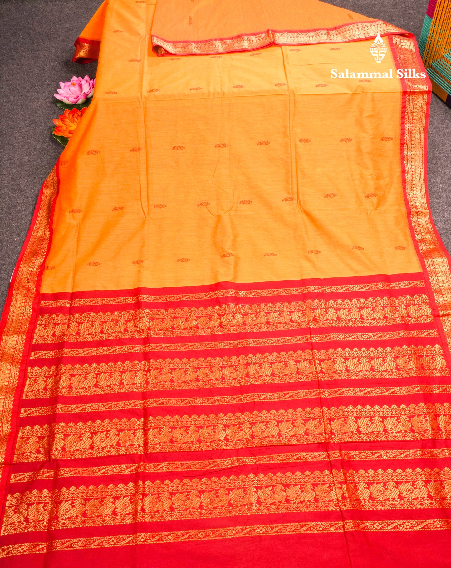 Mango Yellow Kalyani Cotton Saree With Contrast Red Border