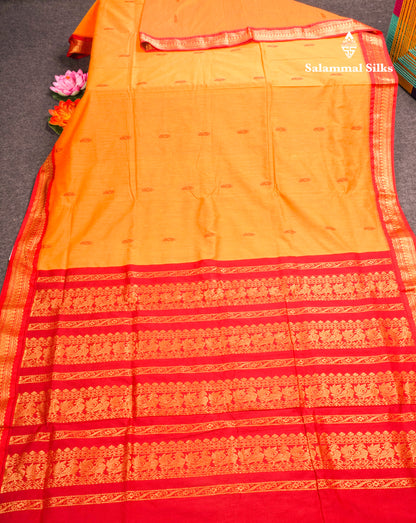 Mango Yellow Kalyani Cotton Saree With Contrast Red Border