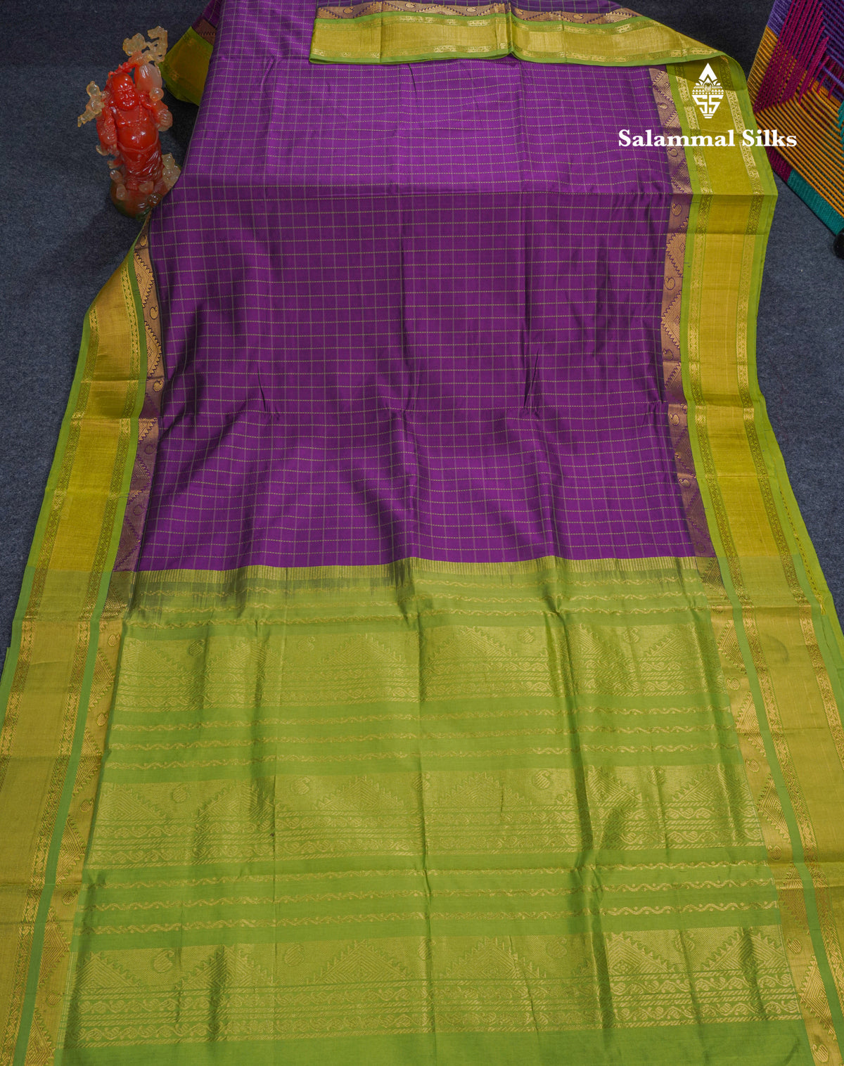 Dark Purple Checks Semi Silk Cotton Saree With Contrast Parrot Green Traditional Border