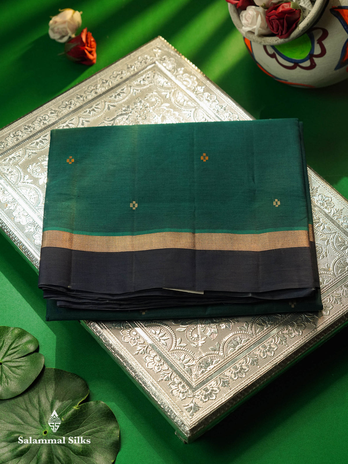 Beautiful Peacock Blue Thread Buttas Handloom Pure Cotton Saree With Navy Blue Border