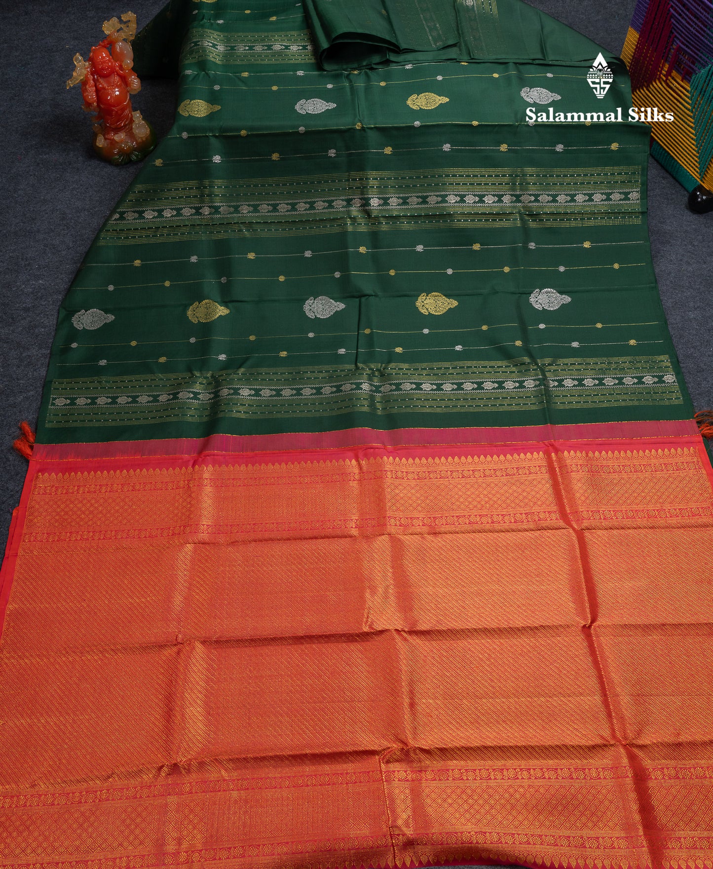Beautiful Bottle Green Fancy Pure Kanjivaram Silk Saree With Contrast Pinkish Orange Blouse