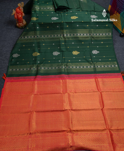 Beautiful Bottle Green Fancy Pure Kanjivaram Silk Saree With Contrast Pinkish Orange Blouse