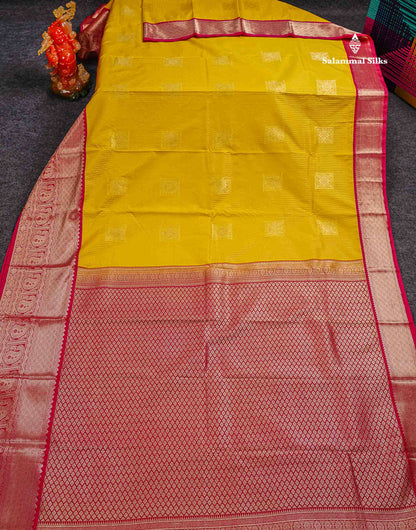 Semi Silk Saree - Yellow Butta With Lines Along With Contrast Redish Pink Traditional Evening Morning Border