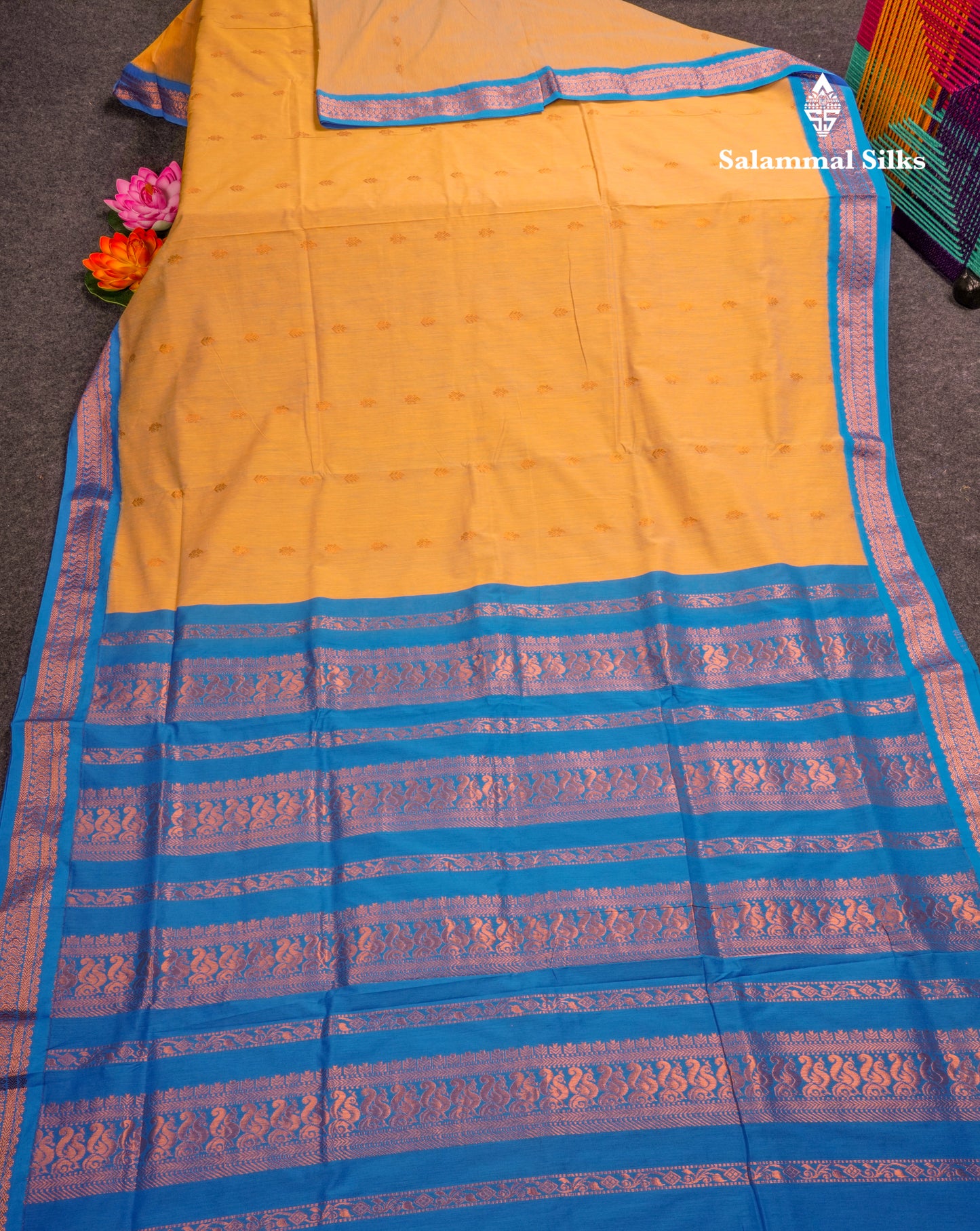 Sandal Kalyani Cotton Saree With Contrast Sky Blue Border