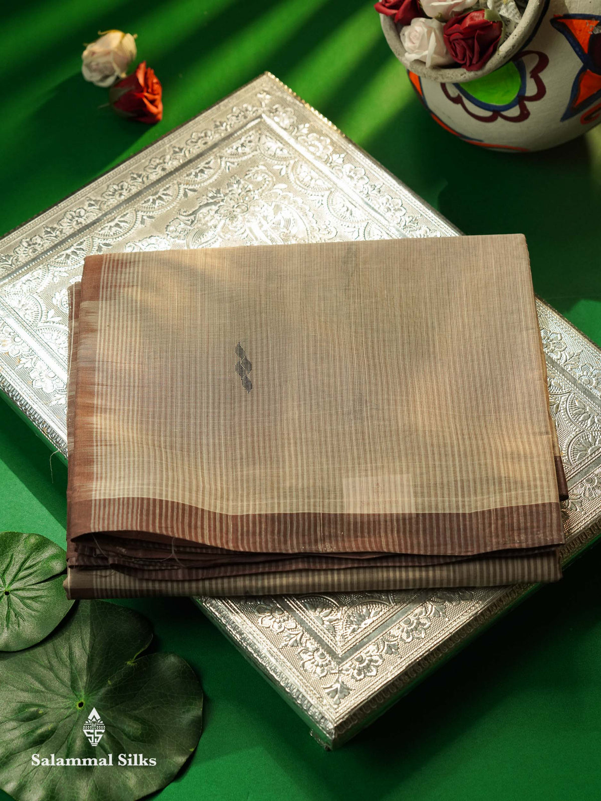 Beautiful Cream Thread Buttas Handloom Pure Cotton Saree With Chocolet Small Border