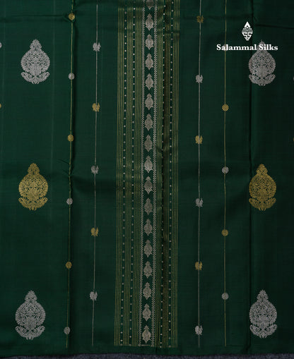 Beautiful Bottle Green Fancy Pure Kanjivaram Silk Saree With Contrast Pinkish Orange Blouse