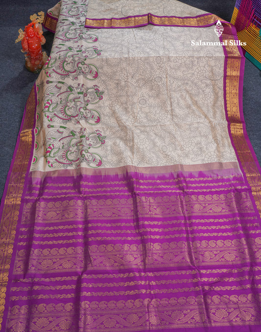 Half White Kalamkari Design Semi Silk Cotton Saree With Contrast Vadamalli Traditional Border