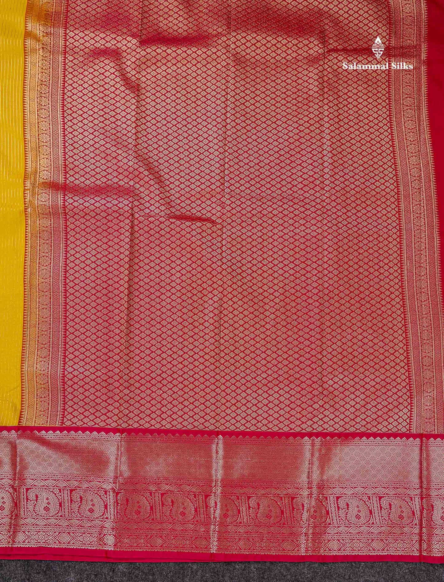 Semi Silk Saree - Yellow Butta With Lines Along With Contrast Redish Pink Traditional Evening Morning Border
