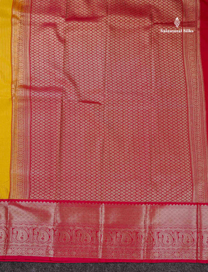Semi Silk Saree - Yellow Butta With Lines Along With Contrast Redish Pink Traditional Evening Morning Border